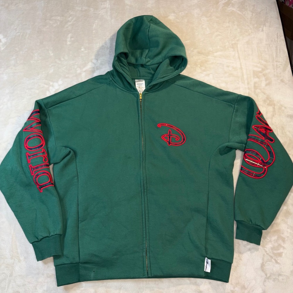Disney World Green Plaid Logo Full Zip Hoodie Sweatshirt Medium Holiday Green 25
